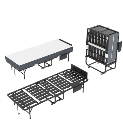 Twin Folding Bed With Adjustable Headboard & Memory Foam Mattress, Portable Coton Wheels For Tall People, Space-Saving Guest Bed - Black - The Sleep Loft - Online Mattress Showroom NYC