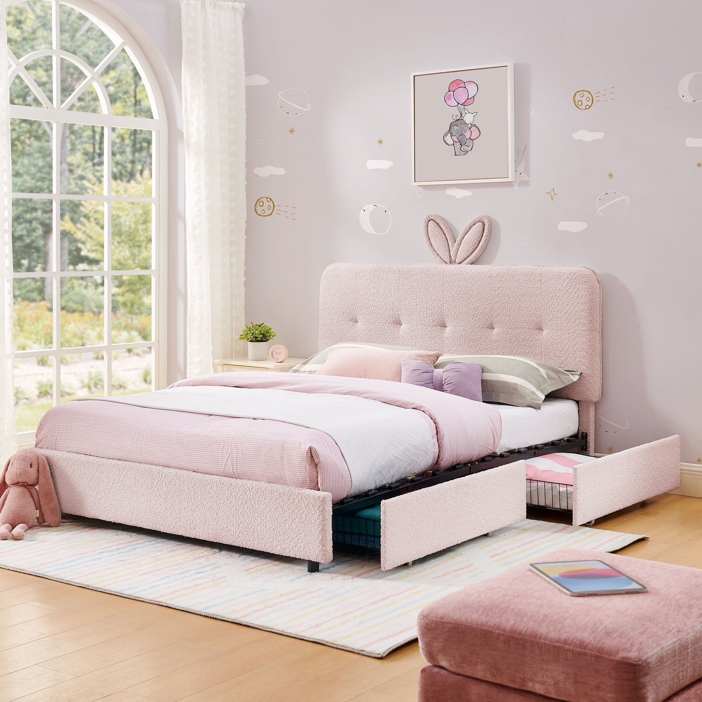 Upholstered Bed With Oversized Rabbit Ear Headboard, LED Lights & 4 Storage Drawers - The Sleep Loft - Online Mattress Showroom NYC