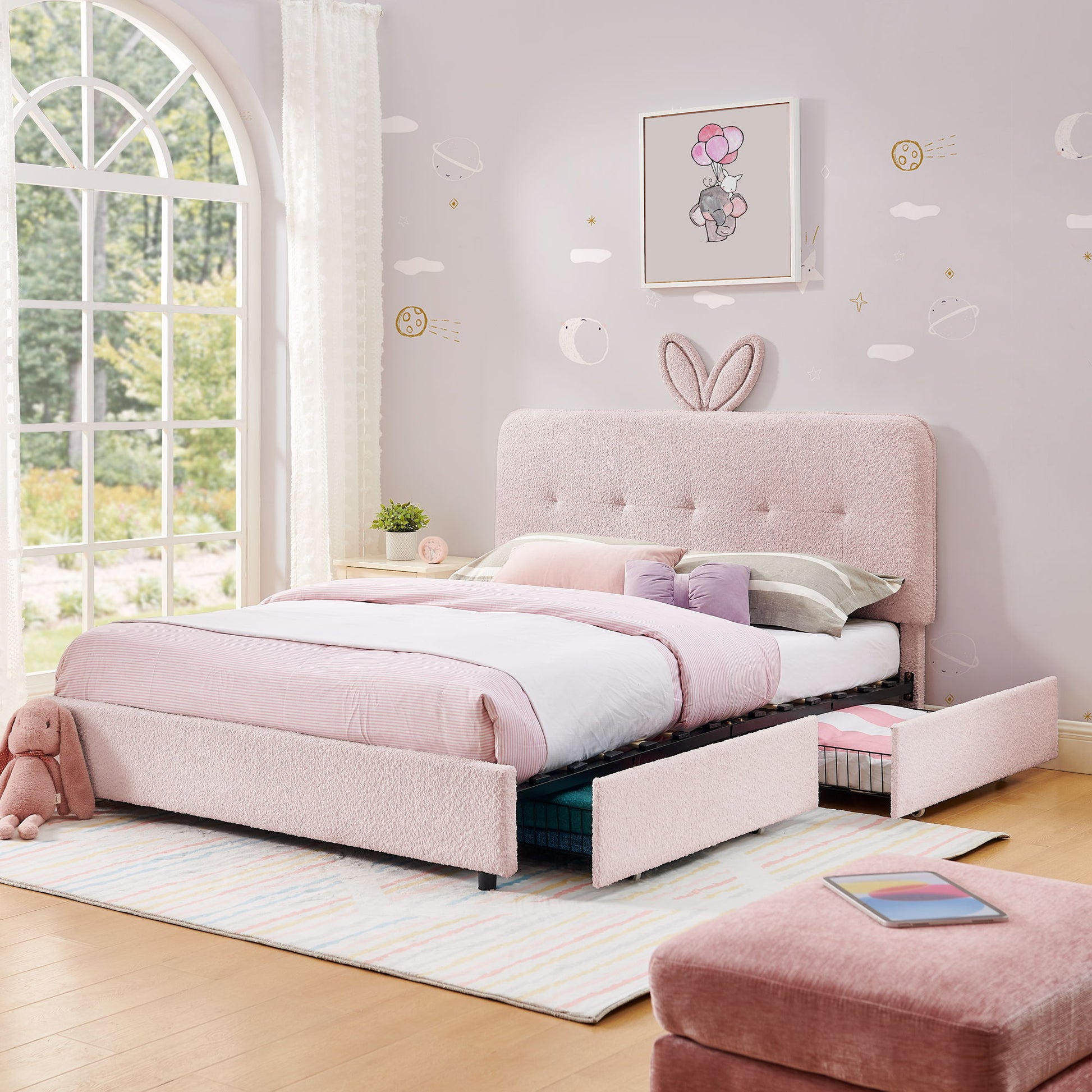 Upholstered Bed With Oversized Rabbit Ear Headboard, LED Lights & 4 Storage Drawers - The Sleep Loft - Online Mattress Showroom NYC