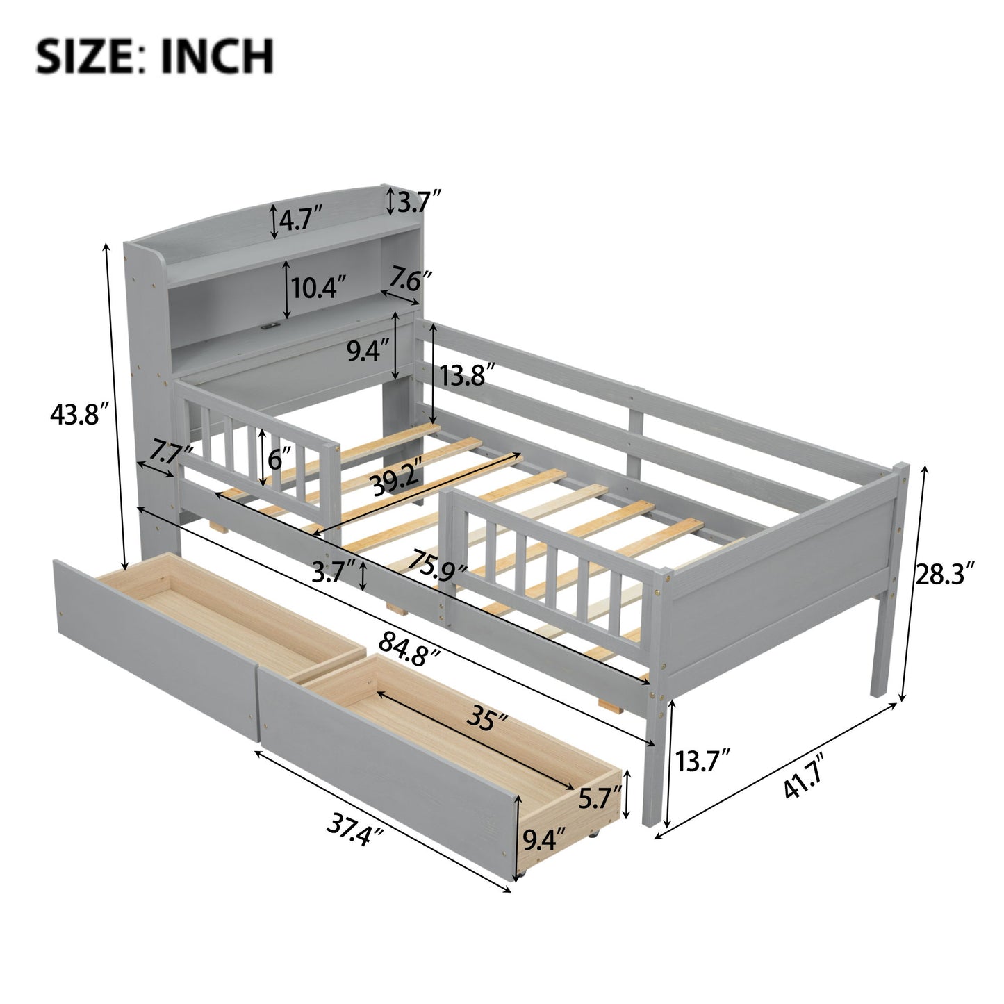 Platform Bed With LED Light, Multi Functional Headboard, Guardrail And 2 Drawers - The Sleep Loft - Online Mattress Showroom NYC