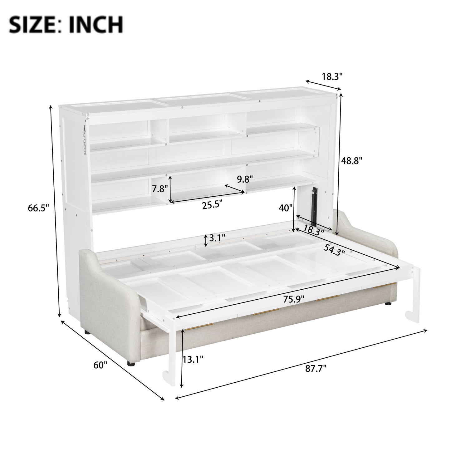 Murphy Cabinet Bed With Folding Sofa, Built In Storage Shelves And LED Light - The Sleep Loft - Online Mattress Showroom NYC