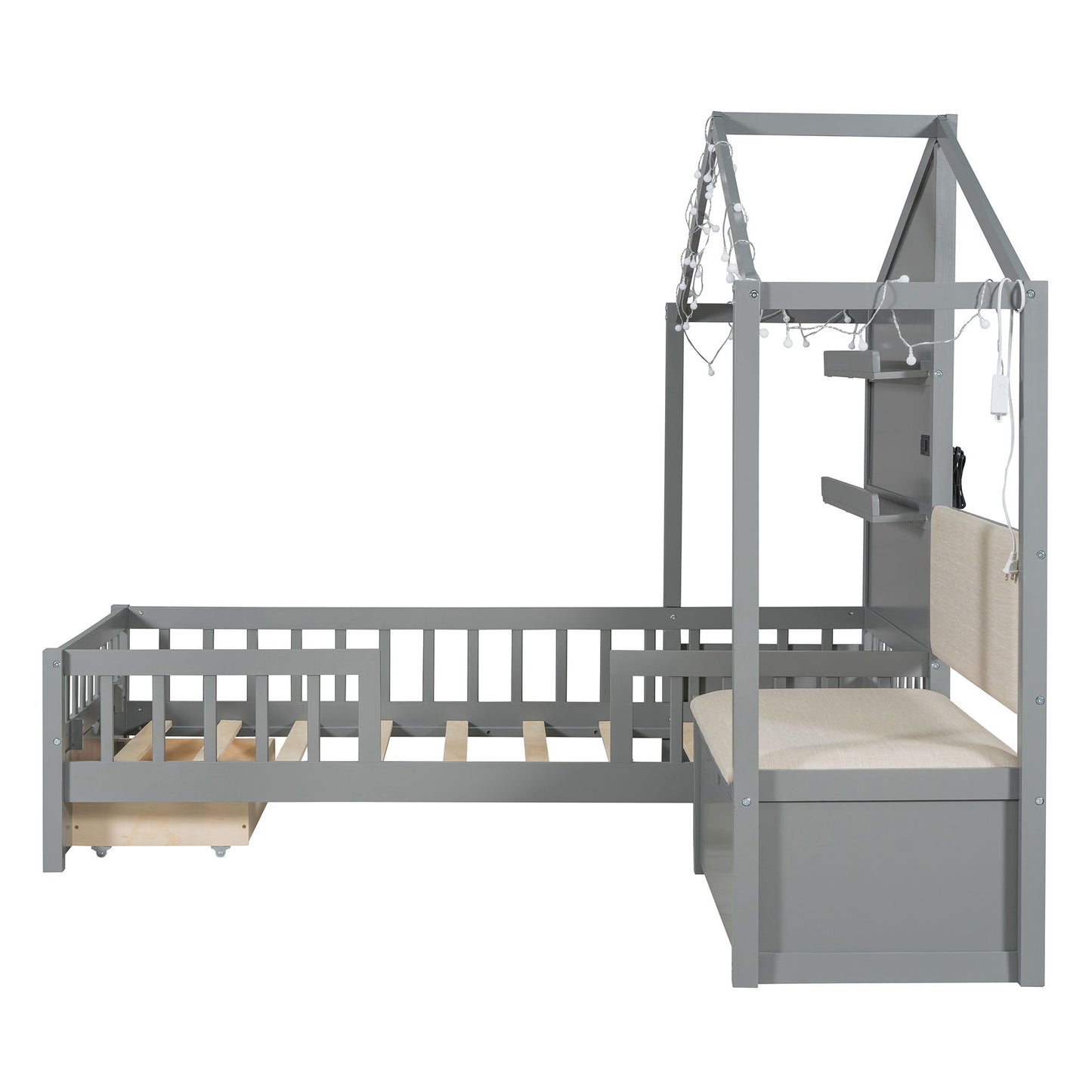 House Bed With Upholstered Sofa, Wireless Charging Station, Shelves And 2 Drawers - The Sleep Loft - Online Mattress Showroom NYC