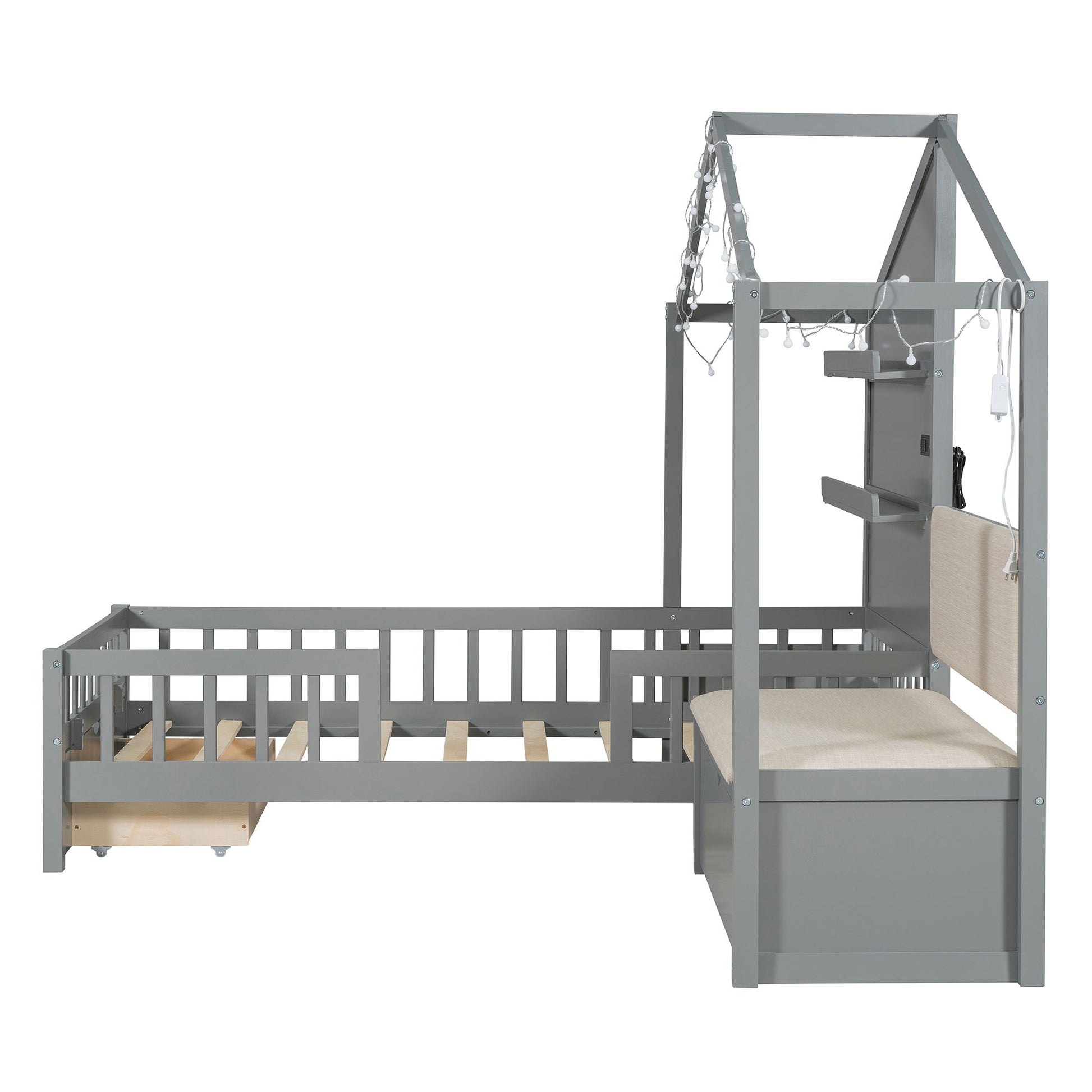House Bed With Upholstered Sofa, Wireless Charging Station, Shelves And 2 Drawers - The Sleep Loft - Online Mattress Showroom NYC
