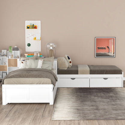 L Shaped Platform Bed With Trundle And Drawers Linked With Built In Desk - The Sleep Loft - Online Mattress Showroom NYC