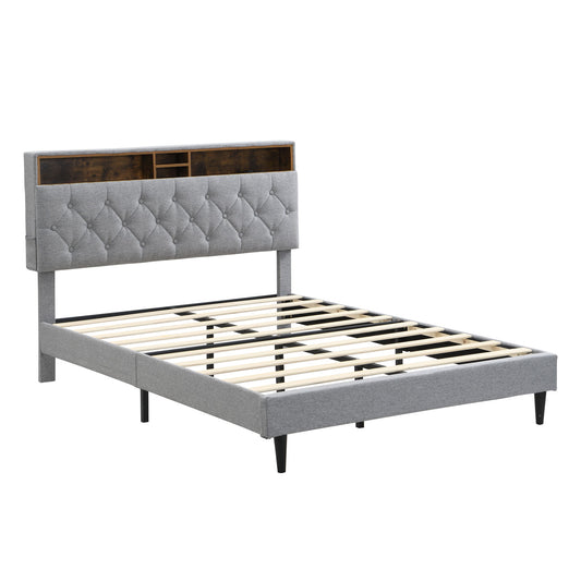Modern Upholstered Platform Bed Frame With Button Tufted Headboard And USB Ports - The Sleep Loft - Online Mattress Showroom NYC