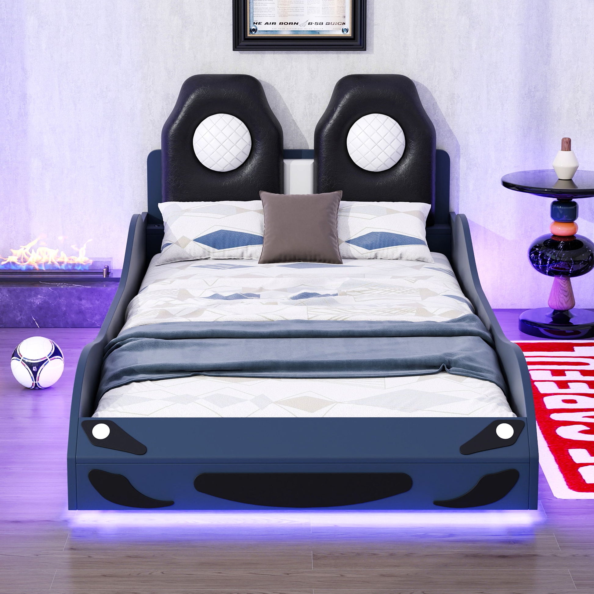 Race Car Shaped Platform Bed With LED And Upholstered Backrest In - The Sleep Loft - Online Mattress Showroom NYC