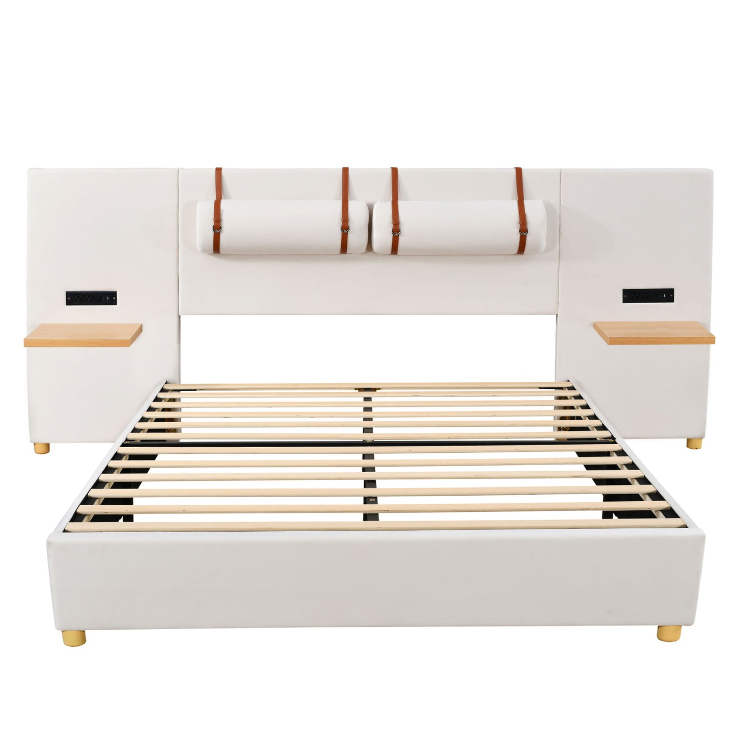 Upholstered Platform Bed, 2 Outlets And USB Charging Ports On Both Sides, 2 Bedside Pillows, Storage Shelves - The Sleep Loft - Online Mattress Showroom NYC
