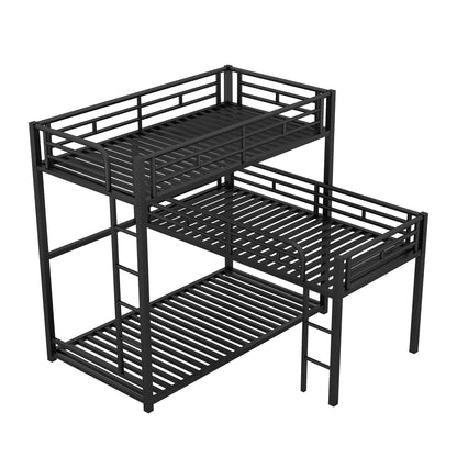 L-Shaped Triple Twin Size Bunk Bed, Industrial Design With Integrated Ladder And Full Length Guardrails - Black - The Sleep Loft - Online Mattress Showroom NYC