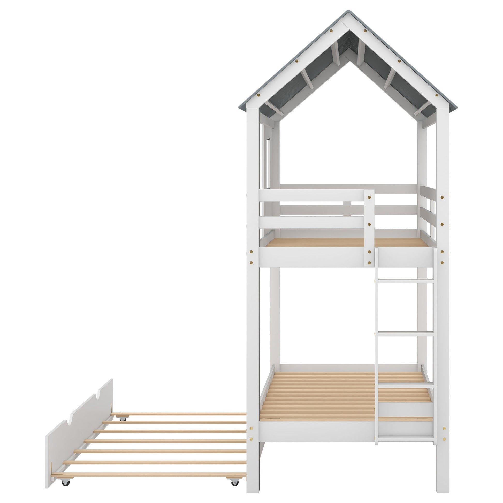 Twin Size House Bunk Bed With Trundle, Roof And Windows - White / Gray - The Sleep Loft - Online Mattress Showroom NYC