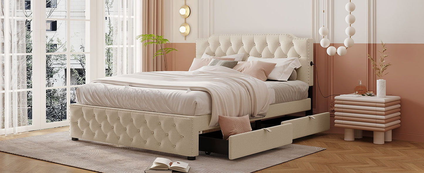 Upholstered Platform Bed With 2 Drawers And 2 Sets Of USB Ports On Each Side, Linen Fabric - The Sleep Loft - Online Mattress Showroom NYC
