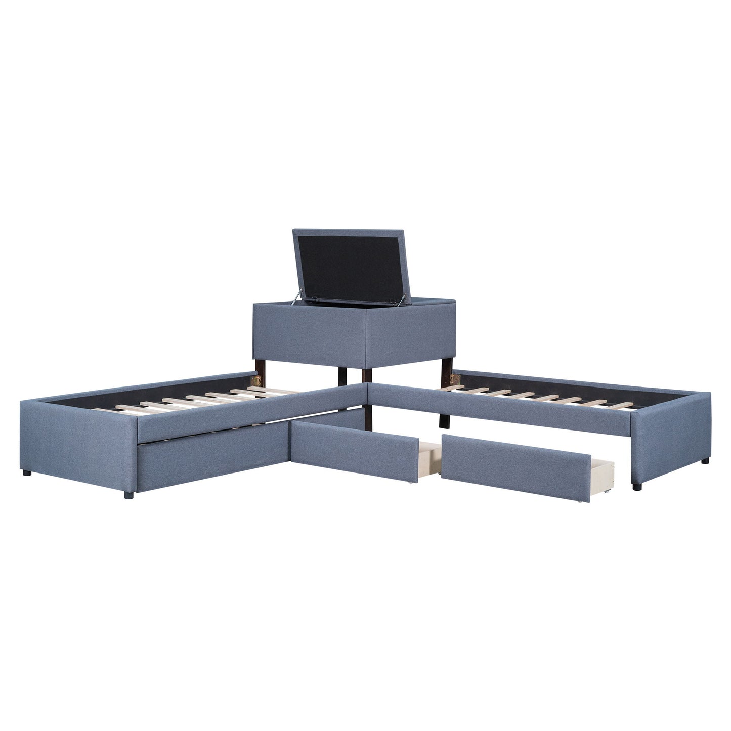 L Shaped Upholstered Platform Bed With Trundle And 2 Drawers Linked With Built In Desk - The Sleep Loft - Online Mattress Showroom NYC