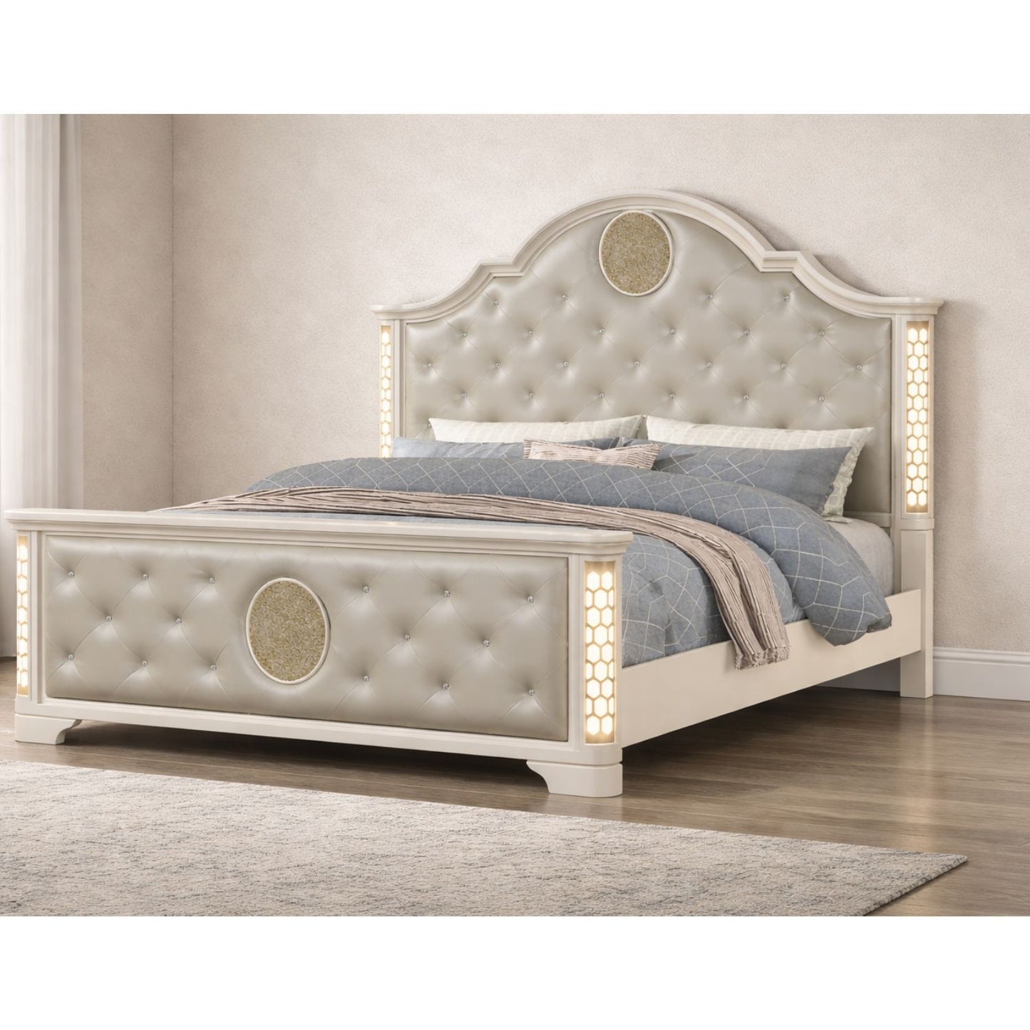 Jasmine - Queen Size Tufted Upholstery & LED Bed - Beige - The Sleep Loft - Online Mattress Showroom NYC