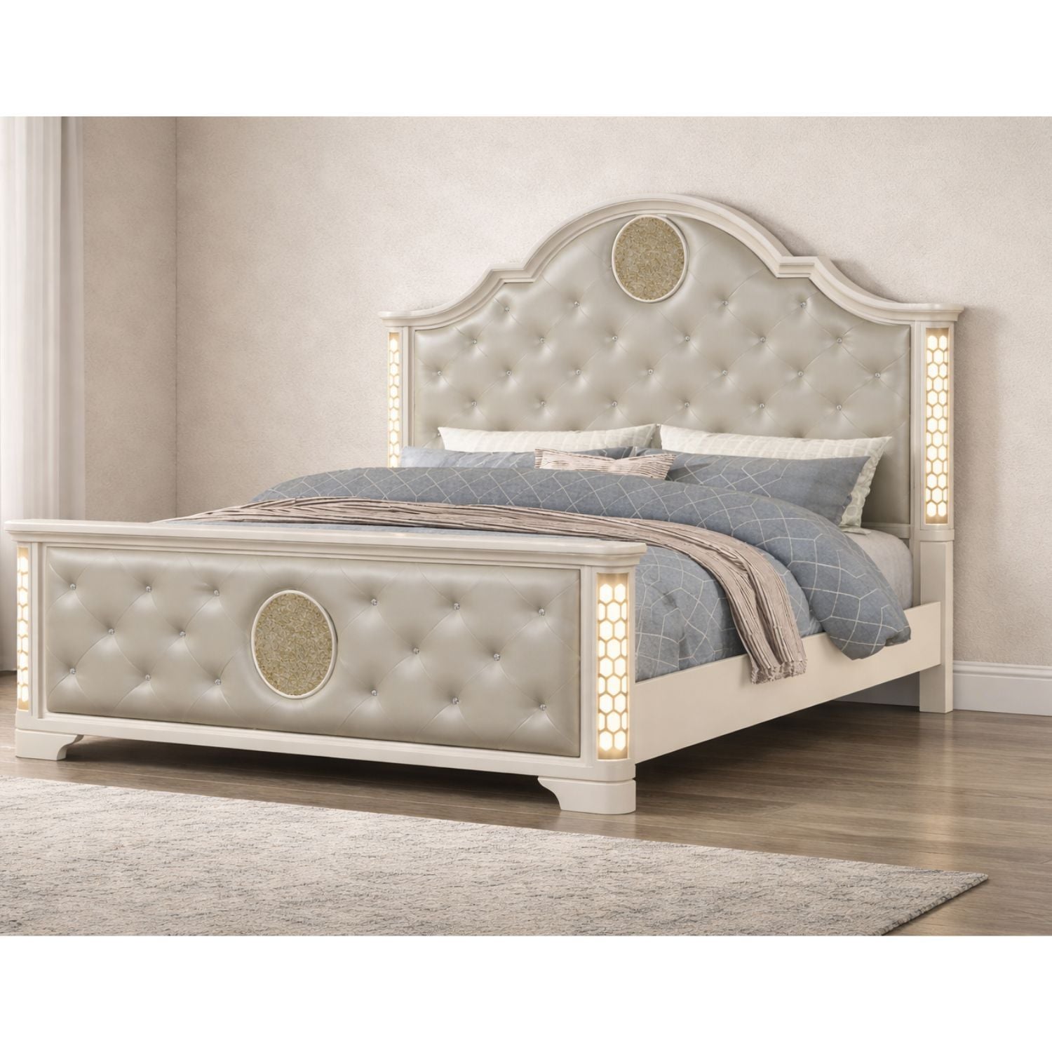 Jasmine - Queen Size Tufted Upholstery & LED Bed - Beige - The Sleep Loft - Online Mattress Showroom NYC