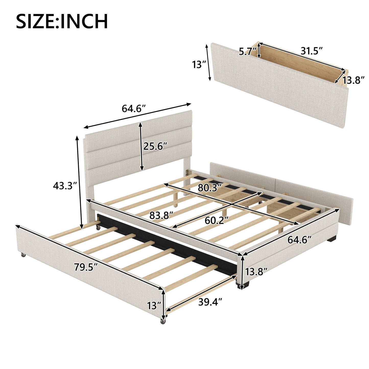 Queen Platform Bed With Twin Trundle And 2 Storage Drawers - Beige - The Sleep Loft - Online Mattress Showroom NYC