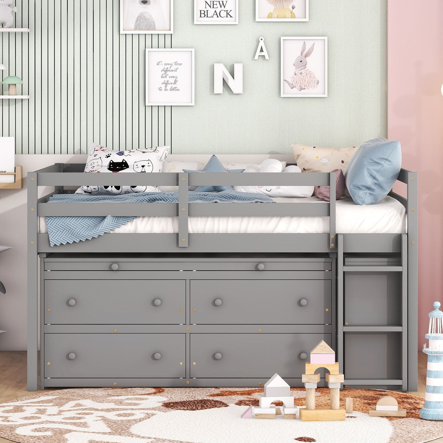 Loft Bed With Retractable Writing Desk And 4 Drawers, With Lateral Portable Desk And Shelves - The Sleep Loft - Online Mattress Showroom NYC