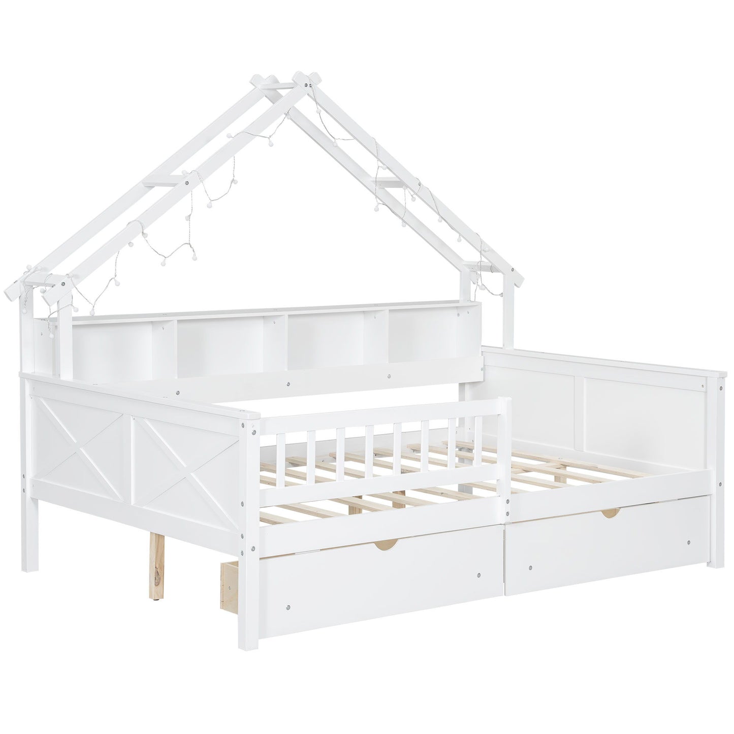 House Style Platform Bed With LED Lights, Storage Shelves, Drawers, And Guardrail - The Sleep Loft - Online Mattress Showroom NYC