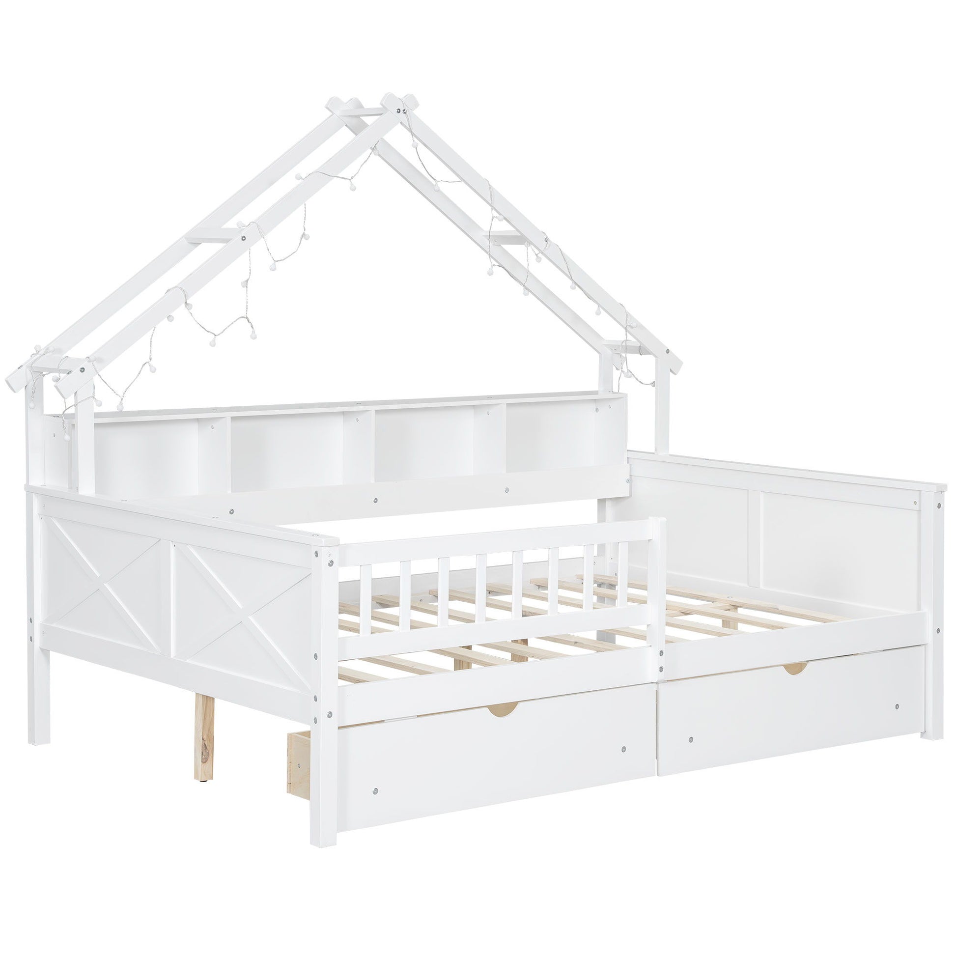 House Style Platform Bed With LED Lights, Storage Shelves, Drawers, And Guardrail - The Sleep Loft - Online Mattress Showroom NYC