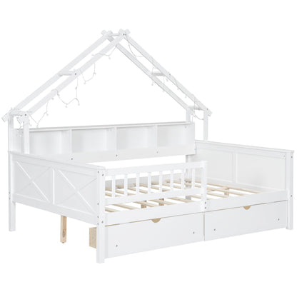 House Style Platform Bed With LED Lights, Storage Shelves, Drawers, And Guardrail - The Sleep Loft - Online Mattress Showroom NYC