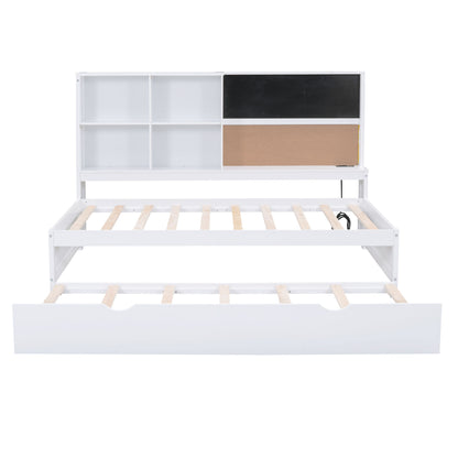 Twin Size Daybed With Storage Shelvesboard, Cork Board, USB Ports And Trundle - White - The Sleep Loft - Online Mattress Showroom NYC