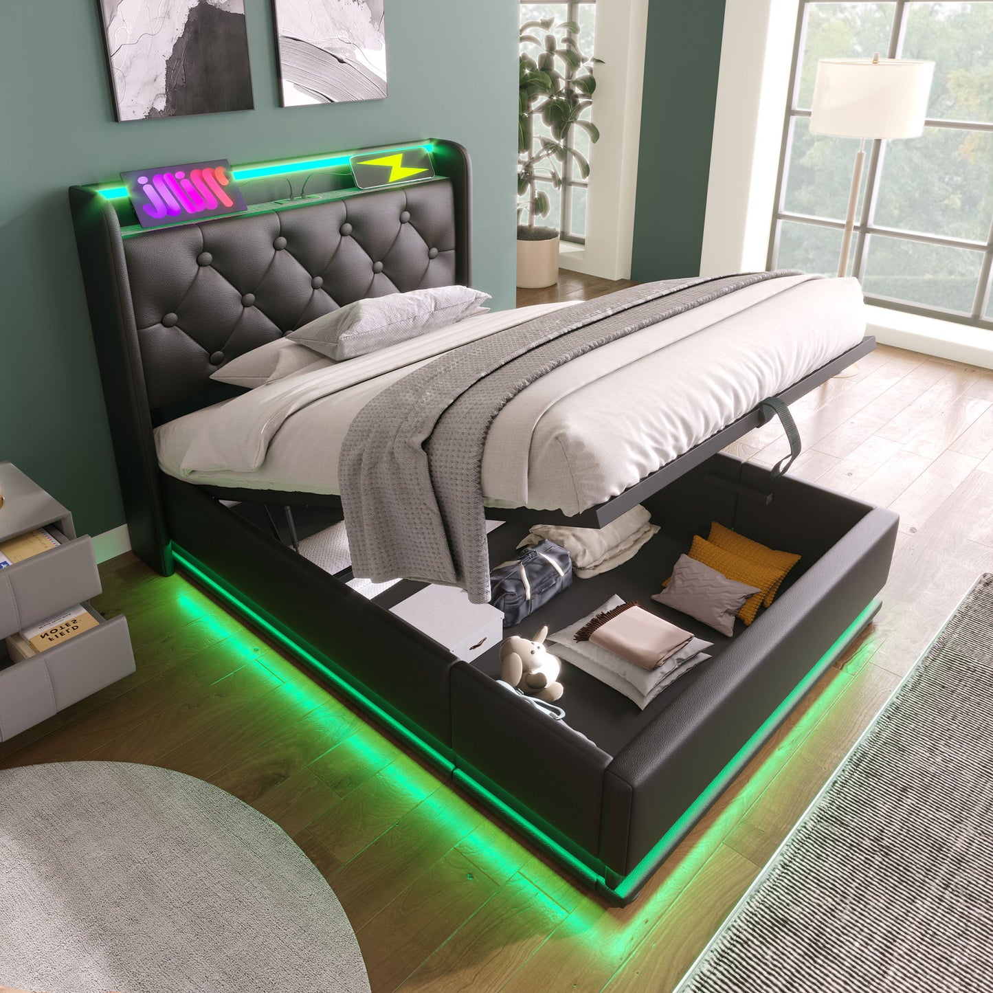 Upholstered Bed, 360 Surround LED Function, Remote Control, Hydraulic Storage Bed With USB, Type-C Charging (Without Mattress) - The Sleep Loft - Online Mattress Showroom NYC