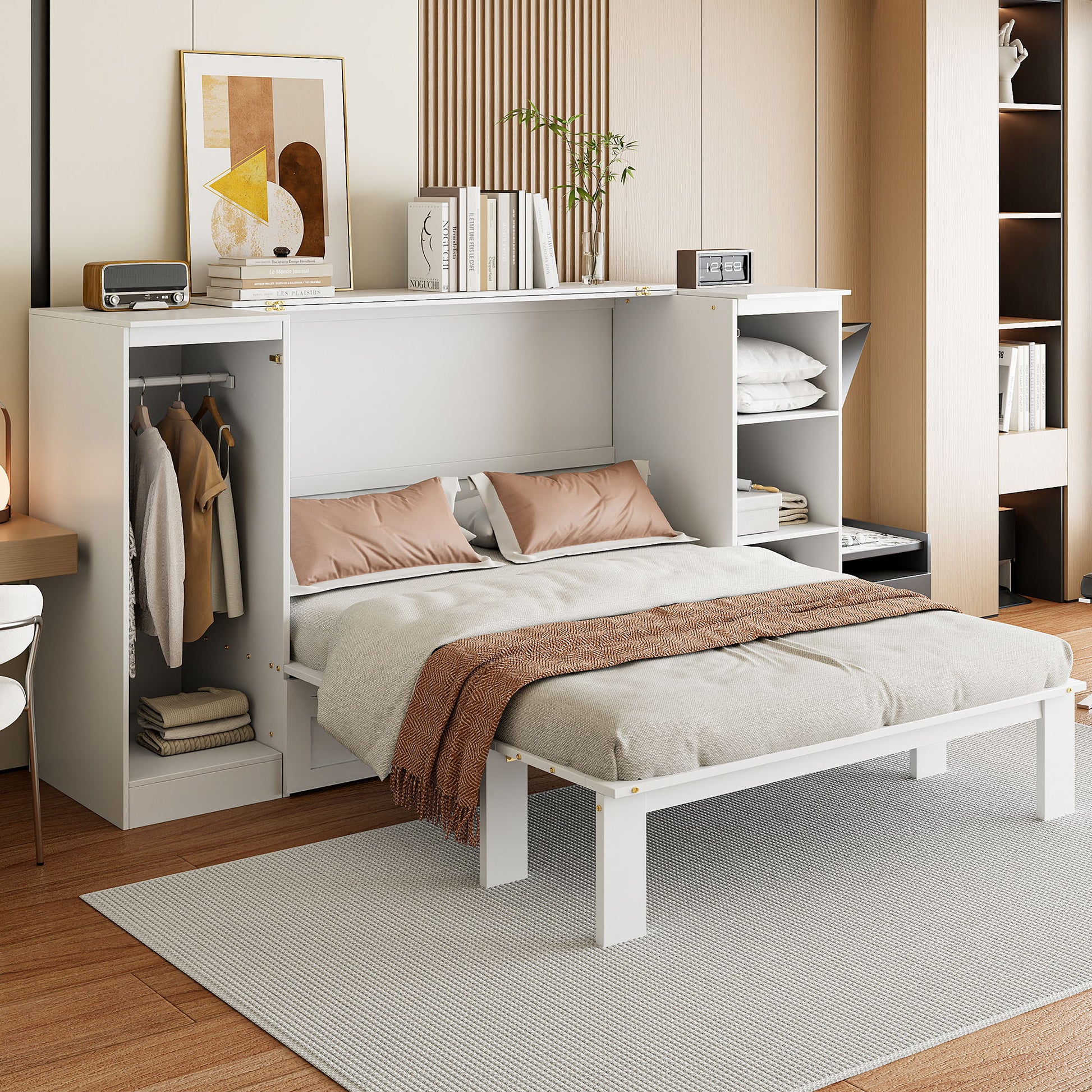 Twin Size Murphy Bed With Bedside Shelves And Wardrobe - White - The Sleep Loft - Online Mattress Showroom NYC