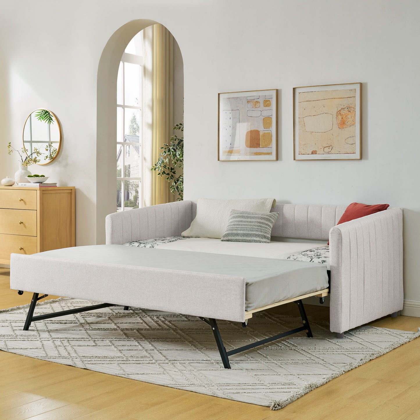 Upholstered Daybed With Trundle With Vertical Stripes - The Sleep Loft - Online Mattress Showroom NYC