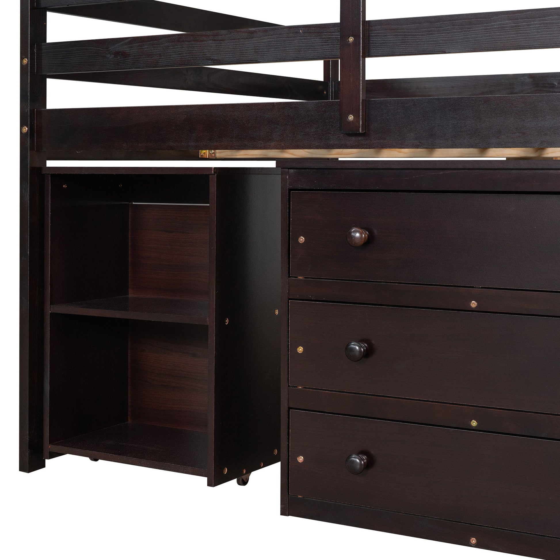 Loft Low Study Bed With Cabinet, Shelves And Rolling Portable Desk, Multiple Functions - The Sleep Loft - Online Mattress Showroom NYC