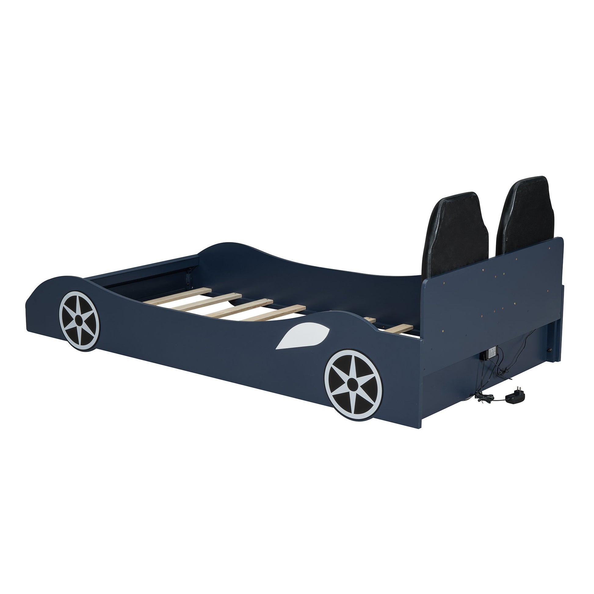 Race Car Shaped Platform Bed With LED And Upholstered Backrest In - The Sleep Loft - Online Mattress Showroom NYC