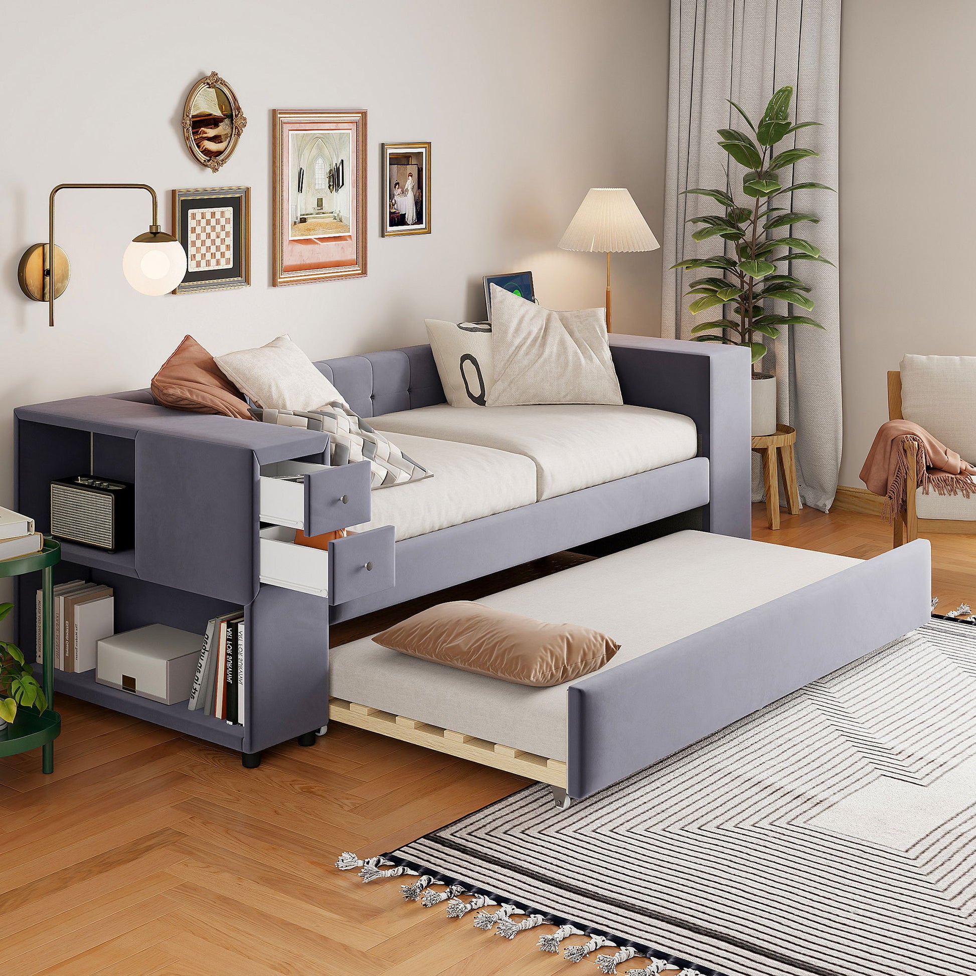 Upholstered Bed With Storage And Twin Trundle, USB Charging Ports - The Sleep Loft - Online Mattress Showroom NYC