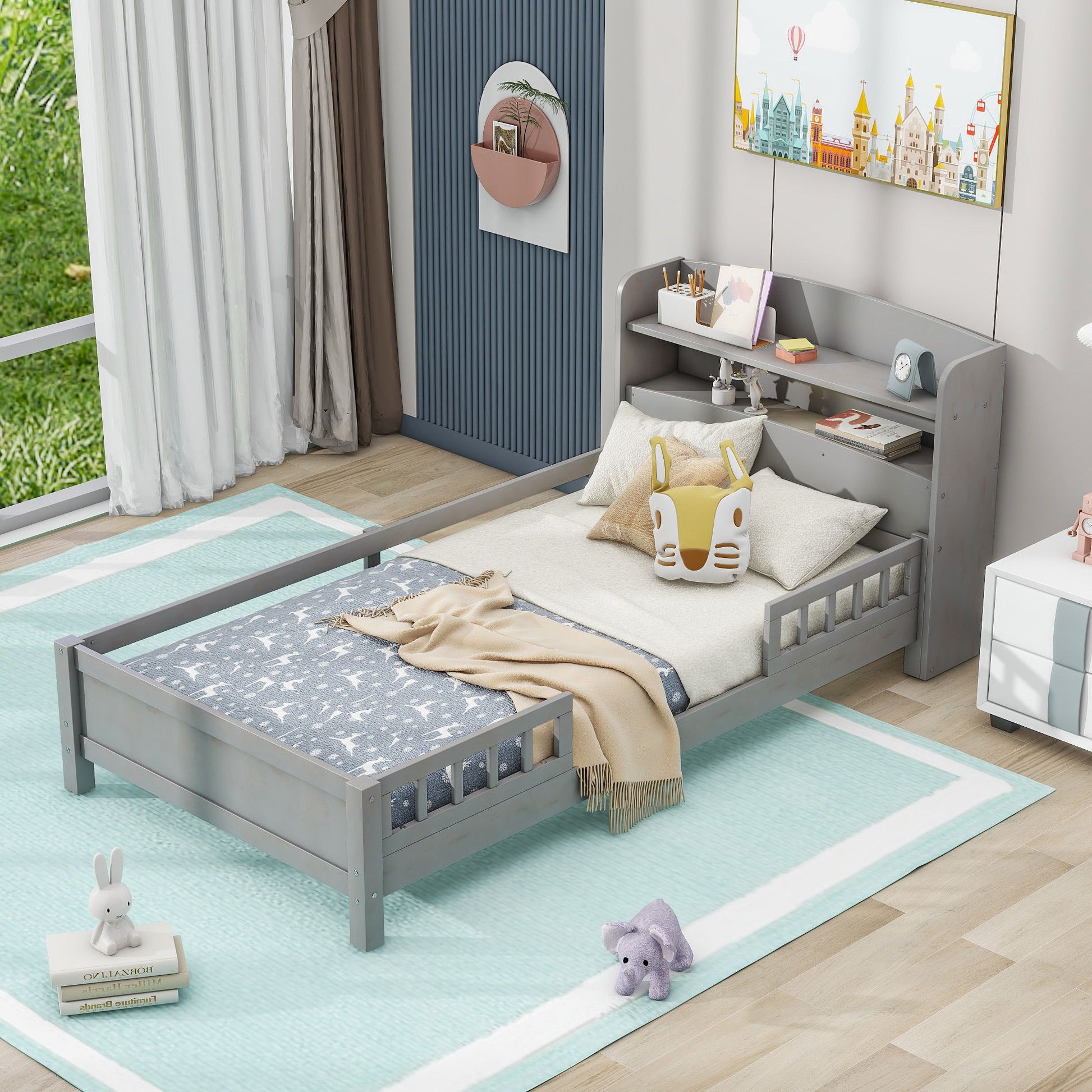Wood Platform Bed With Built In LED Light, Storage Headboard And Guardrail - The Sleep Loft - Online Mattress Showroom NYC
