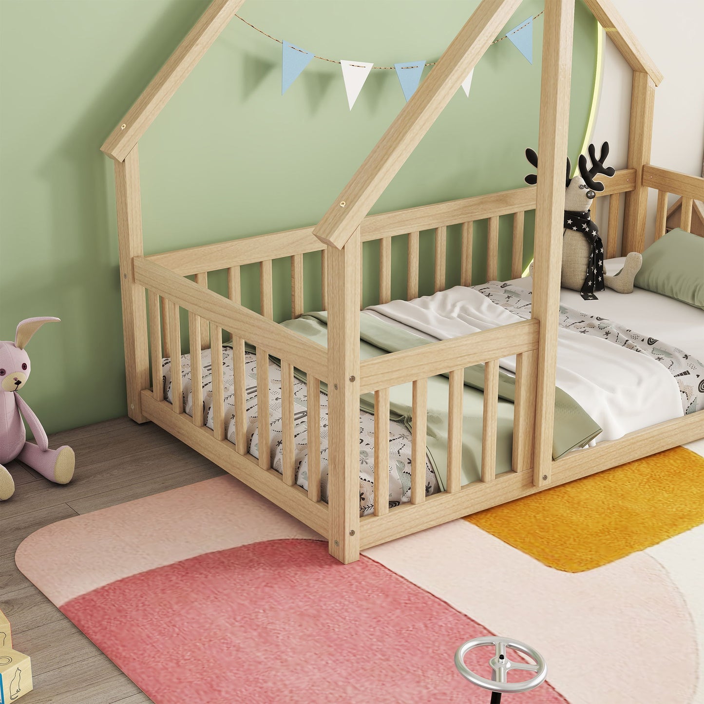 Wood House-Shaped Floor Bed With Fence, Guardrails - The Sleep Loft - Online Mattress Showroom NYC