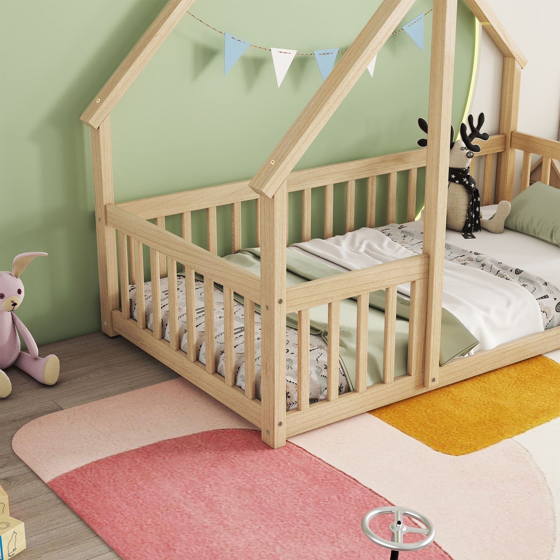 Wood House-Shaped Floor Bed With Fence, Guardrails - The Sleep Loft - Online Mattress Showroom NYC