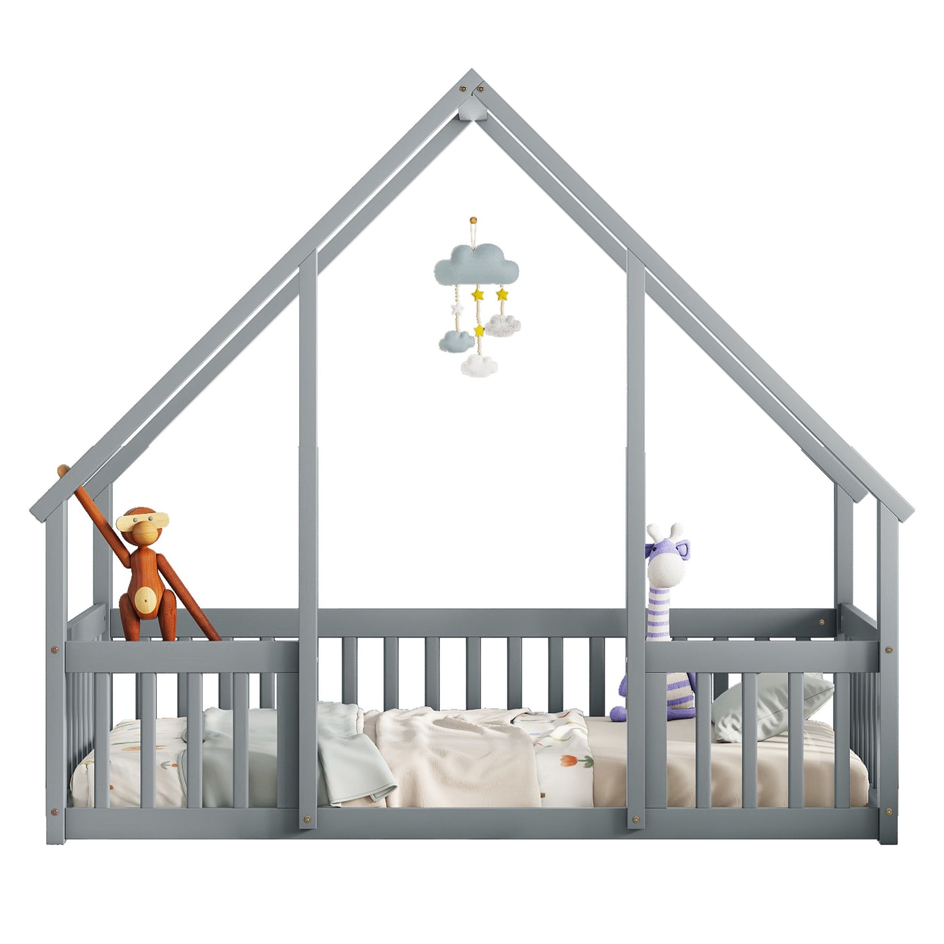 Wood House-Shaped Floor Bed With Fence, Guardrails - The Sleep Loft - Online Mattress Showroom NYC