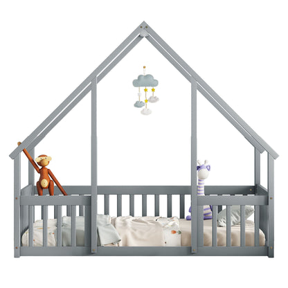 Wood House-Shaped Floor Bed With Fence, Guardrails - The Sleep Loft - Online Mattress Showroom NYC