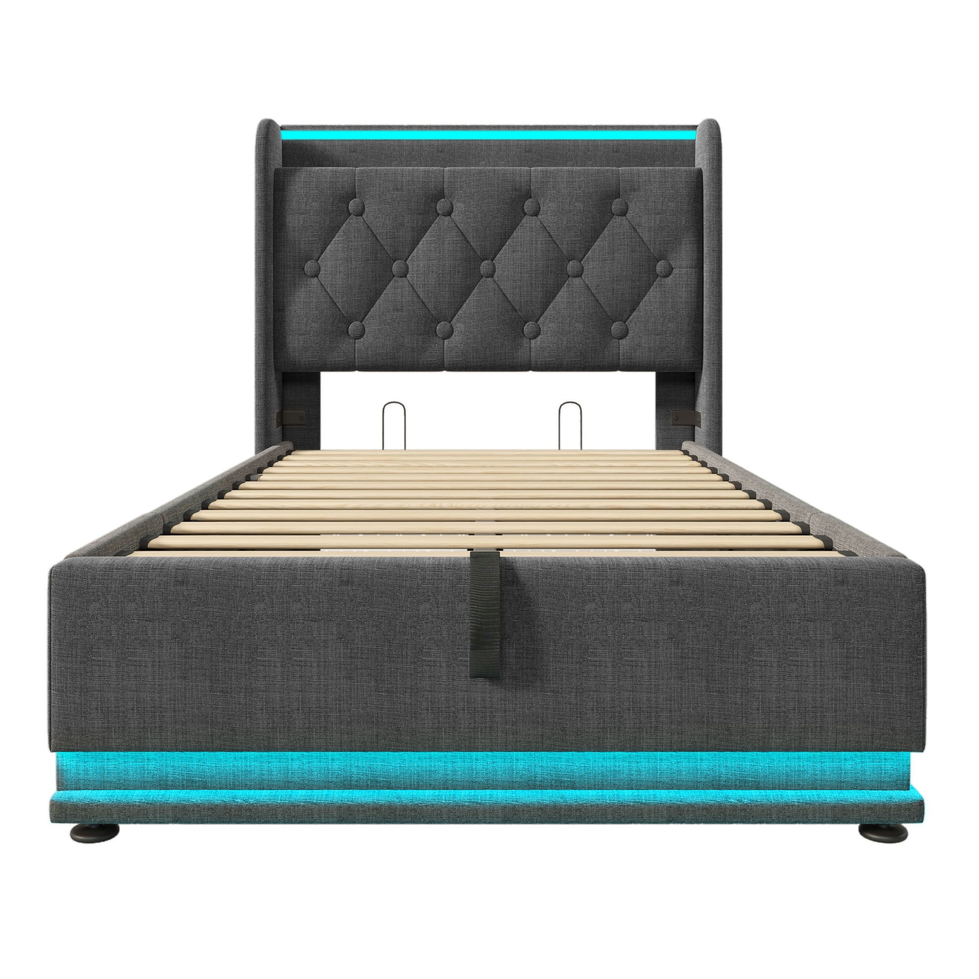 Upholstered Bed, 360 Surround LED Function, Remote Control, Hydraulic Storage Bed With USB, Type-C Charging (Without Mattress) - The Sleep Loft - Online Mattress Showroom NYC