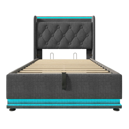 Upholstered Bed, 360 Surround LED Function, Remote Control, Hydraulic Storage Bed With USB, Type-C Charging (Without Mattress) - The Sleep Loft - Online Mattress Showroom NYC