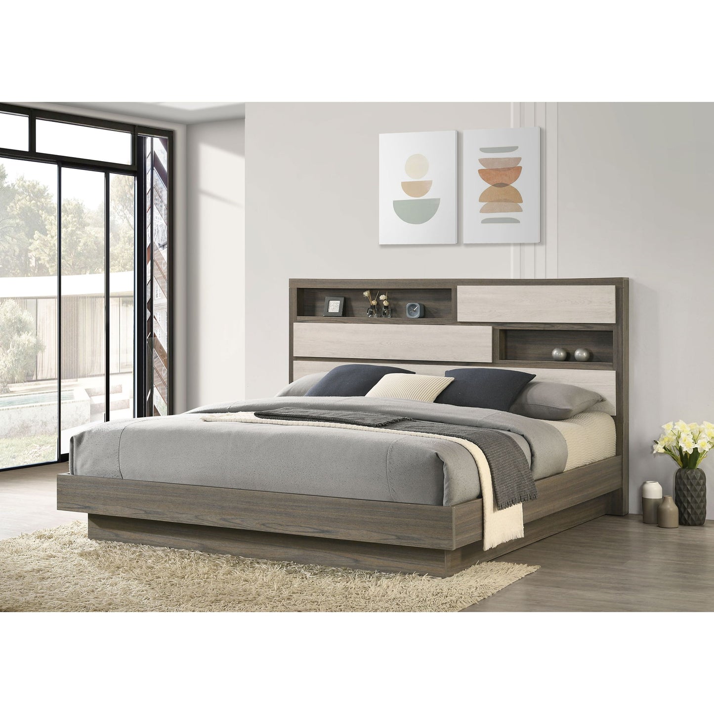 Eastern King Bed Bookcase Headboard With Hidden Storage - Oak - The Sleep Loft - Online Mattress Showroom NYC