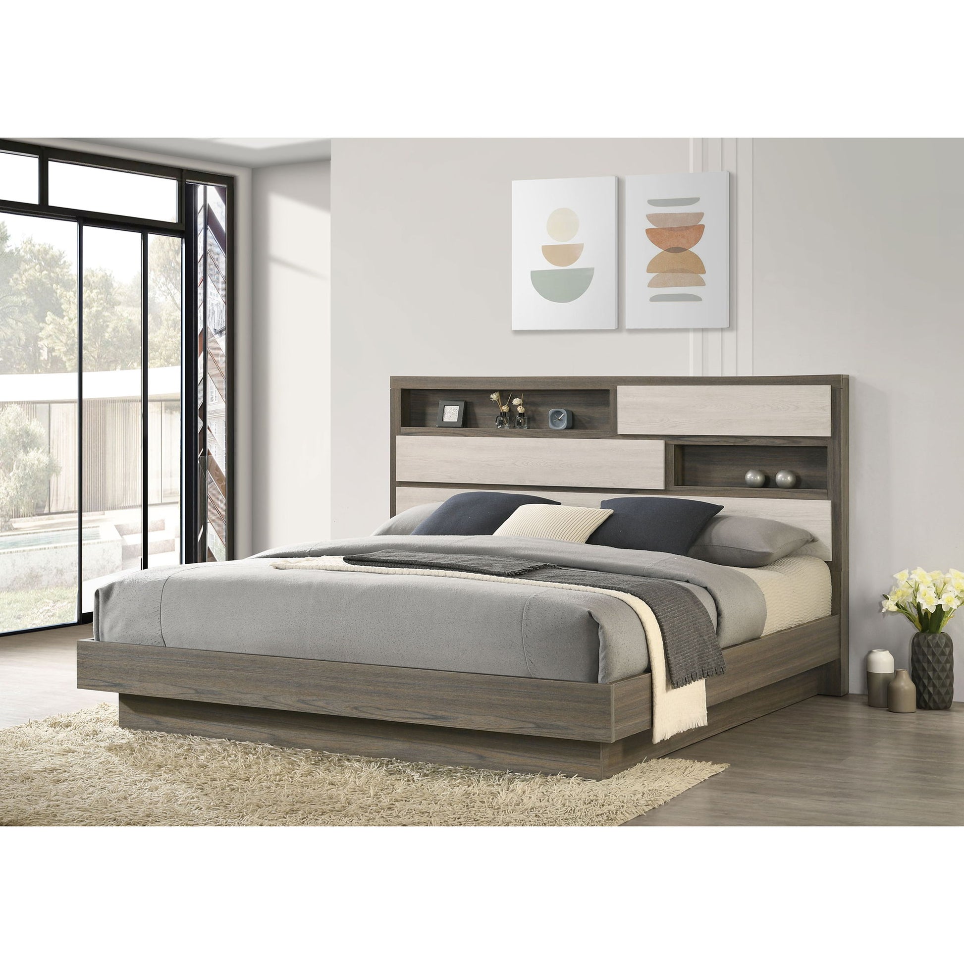 Eastern King Bed Bookcase Headboard With Hidden Storage - Oak - The Sleep Loft - Online Mattress Showroom NYC