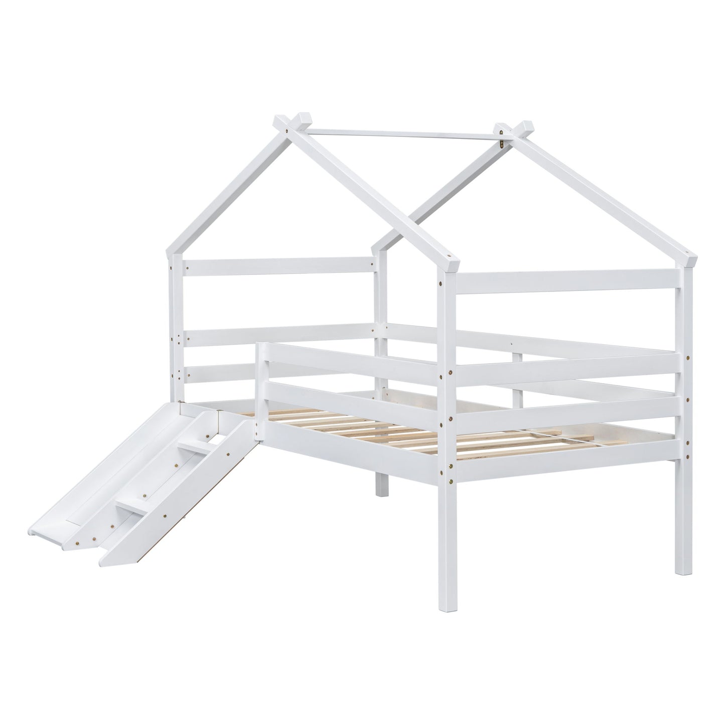 Low Loft House Bed With Slide, Ladder, Safety Guardrails, House Roof Frame - The Sleep Loft - Online Mattress Showroom NYC
