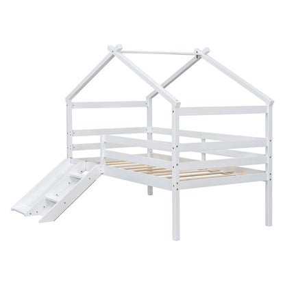 Low Loft House Bed With Slide, Ladder, Safety Guardrails, House Roof Frame - The Sleep Loft - Online Mattress Showroom NYC