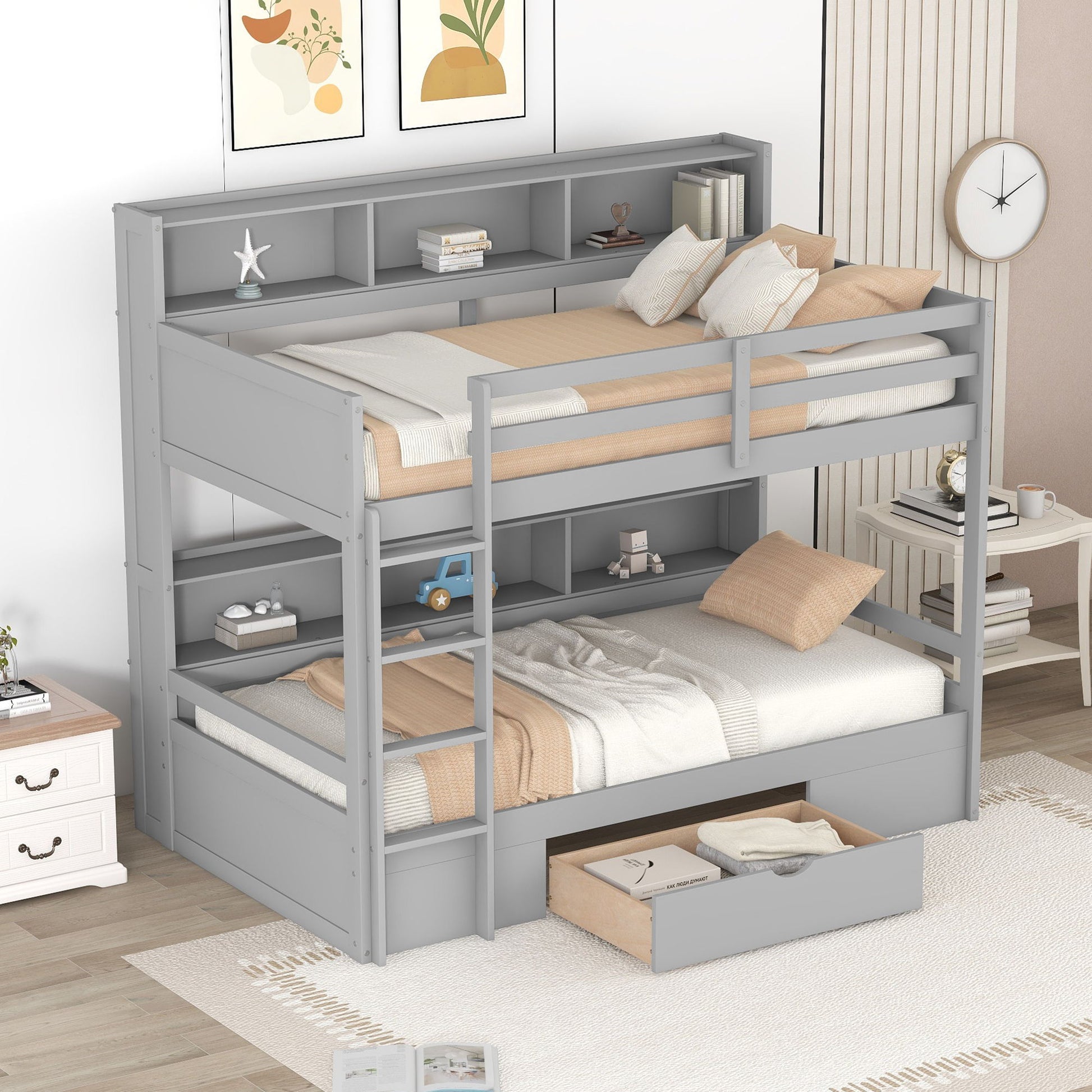Twin Size Bunk Bed With Built-In Shelves Beside Both Upper And Down Bed And Storage Drawer - The Sleep Loft - Online Mattress Showroom NYC