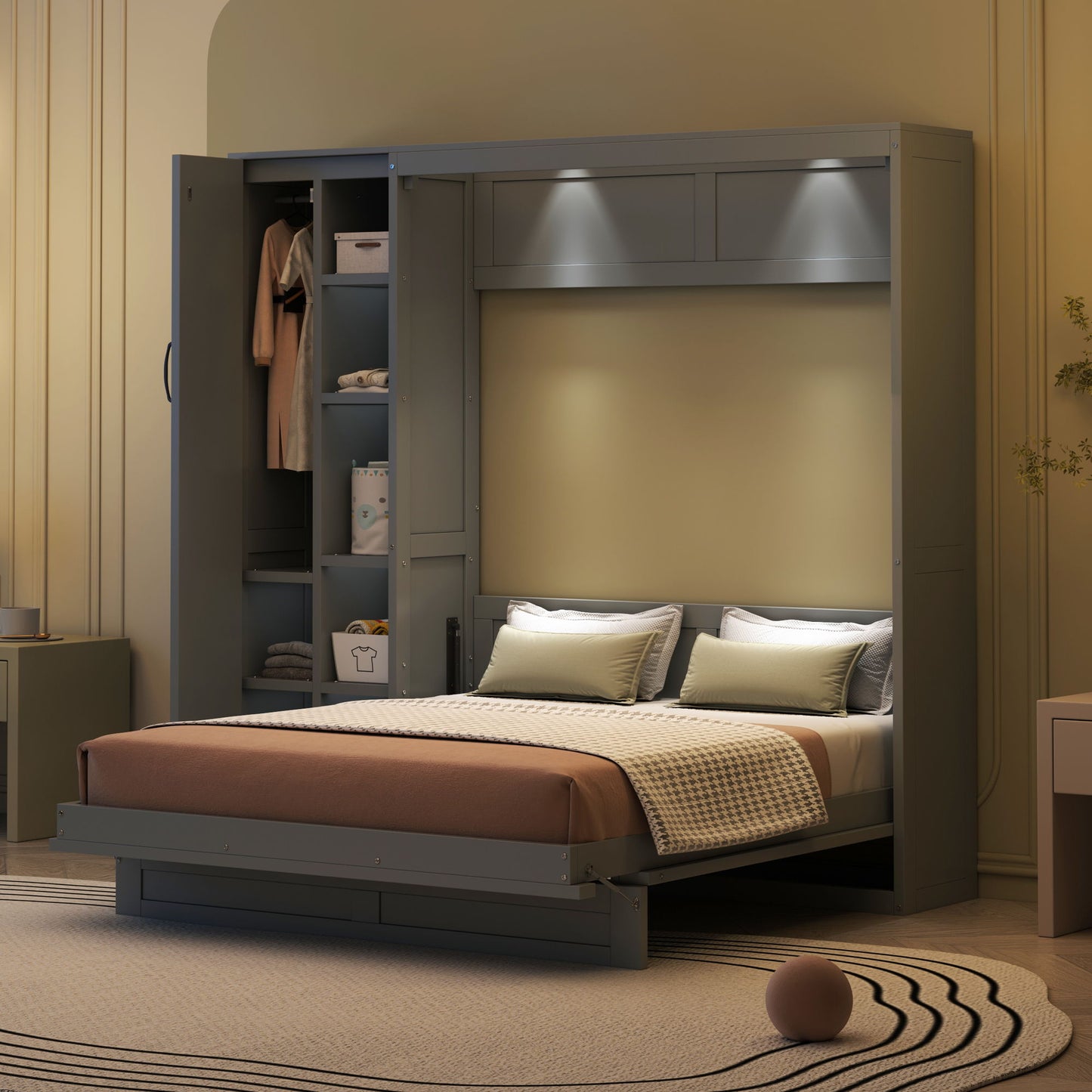 Murphy Wall Bed With Shelves, Wardrobe And LED Lights - The Sleep Loft - Online Mattress Showroom NYC