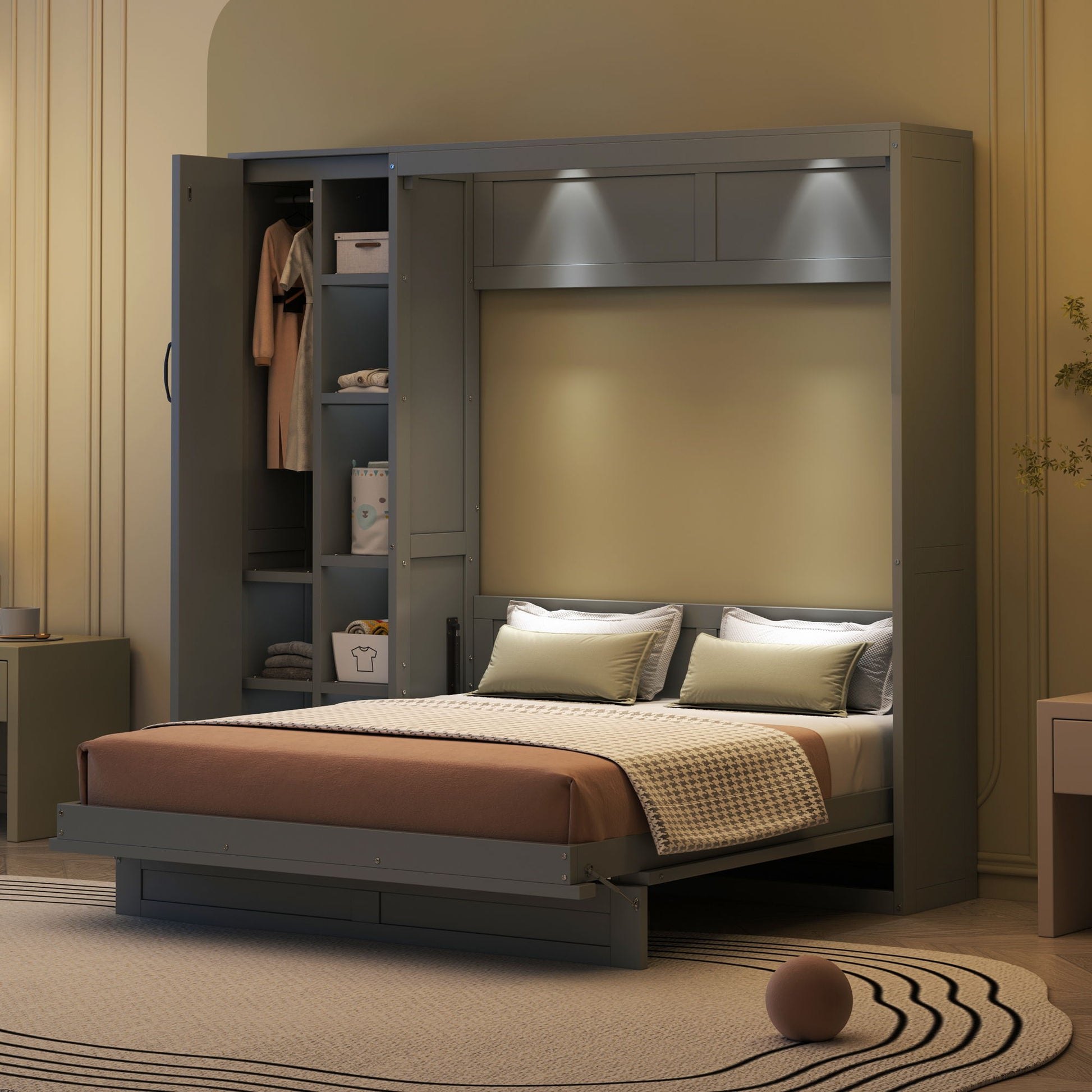 Murphy Wall Bed With Shelves, Wardrobe And LED Lights - The Sleep Loft - Online Mattress Showroom NYC