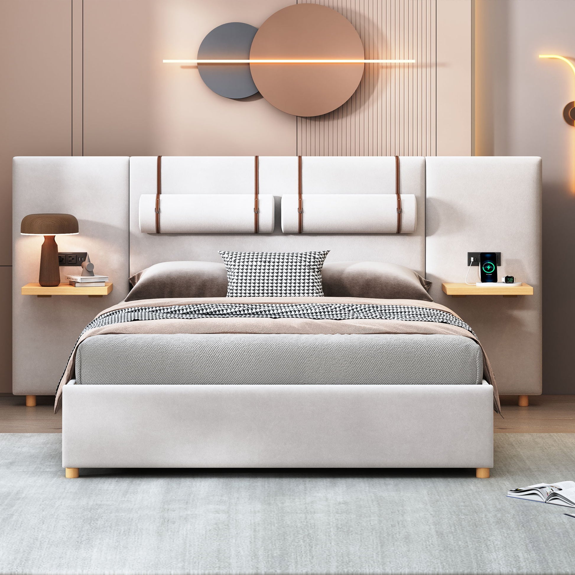 Upholstered Platform Bed, 2 Outlets And USB Charging Ports On Both Sides, 2 Bedside Pillows, Storage Shelves - The Sleep Loft - Online Mattress Showroom NYC