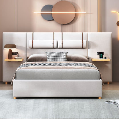 Upholstered Platform Bed, 2 Outlets And USB Charging Ports On Both Sides, 2 Bedside Pillows, Storage Shelves - The Sleep Loft - Online Mattress Showroom NYC