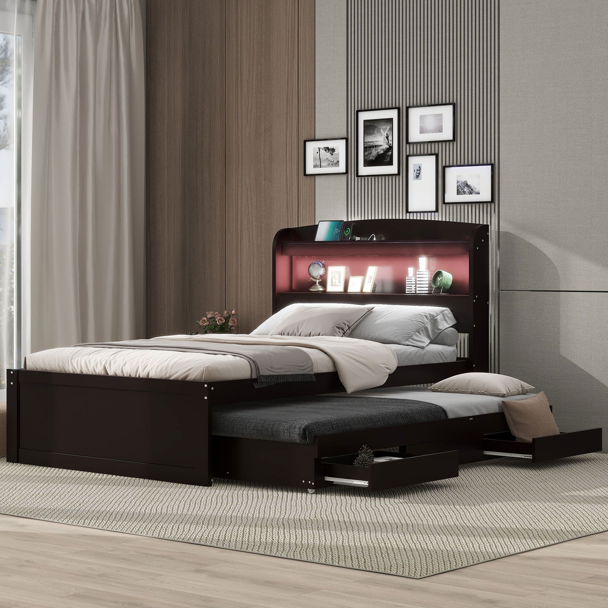 Platform Bed With LED Headboard, Charging Station, Trundle And 2 Drawers - The Sleep Loft - Online Mattress Showroom NYC