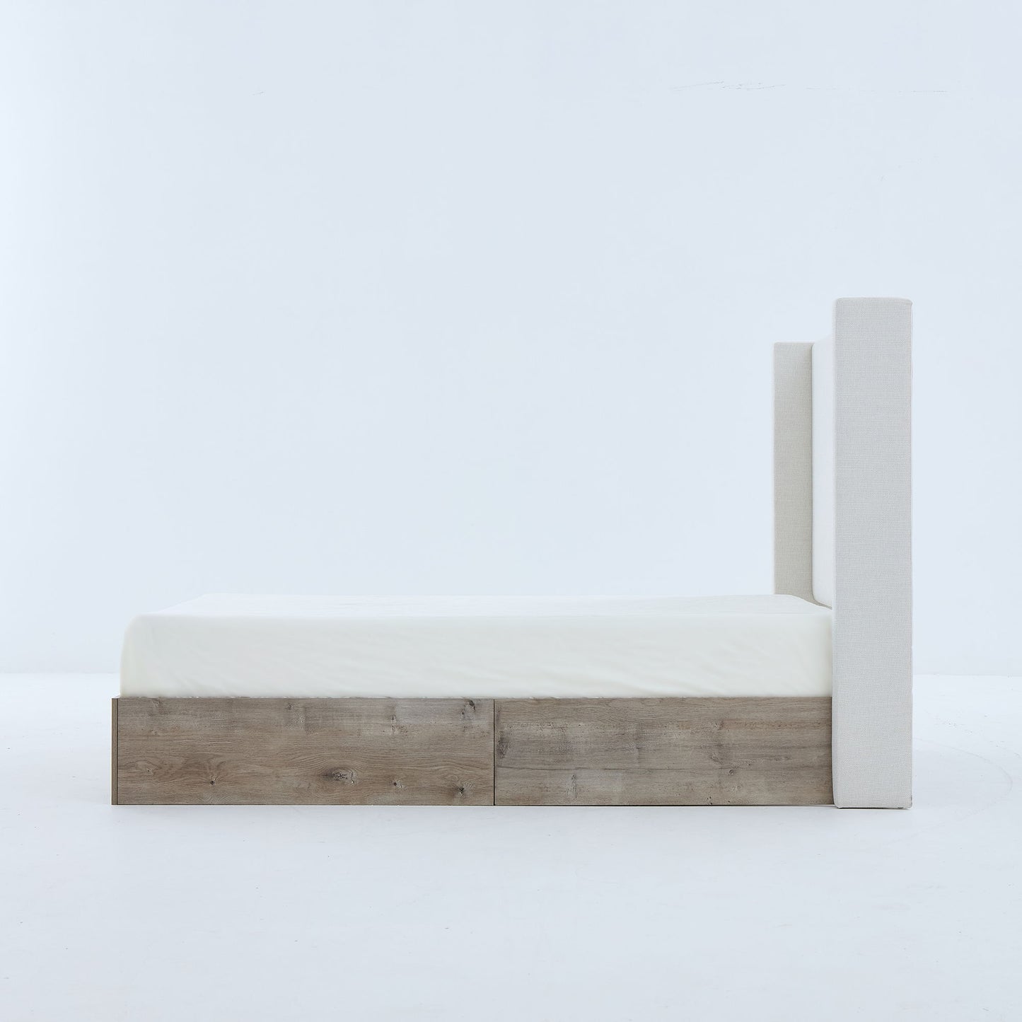 Shelton - Queen Upholstered Wingback Bed With 54" High Headboard - Ivory / Light Gray / Camel Oak - The Sleep Loft - Online Mattress Showroom NYC