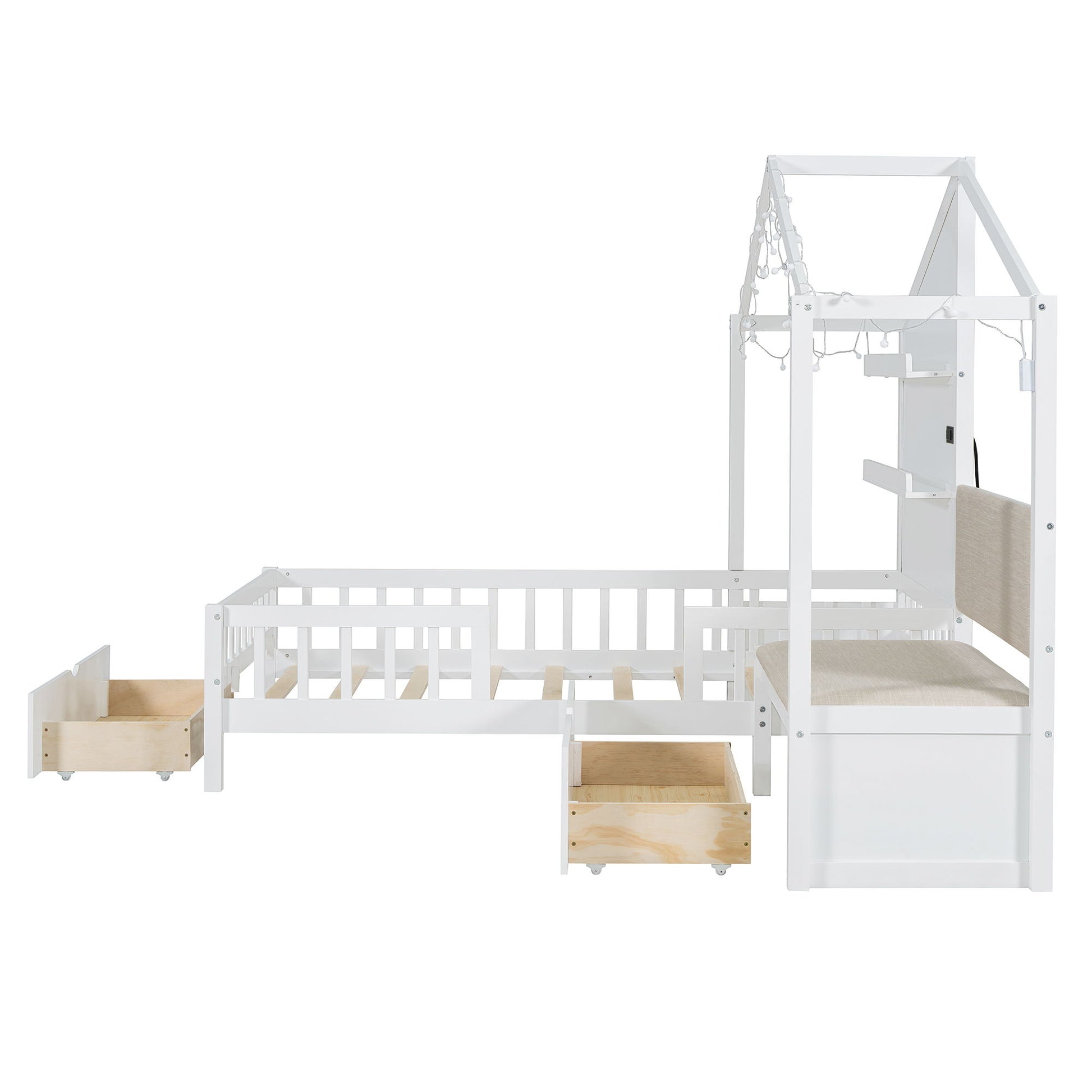 House Bed With Upholstered Sofa, Wireless Charging Station, Shelves And 2 Drawers - The Sleep Loft - Online Mattress Showroom NYC