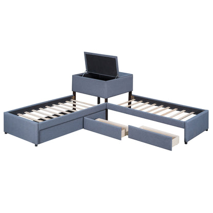 L Shaped Upholstered Platform Bed With Trundle And 2 Drawers Linked With Built In Desk - The Sleep Loft - Online Mattress Showroom NYC