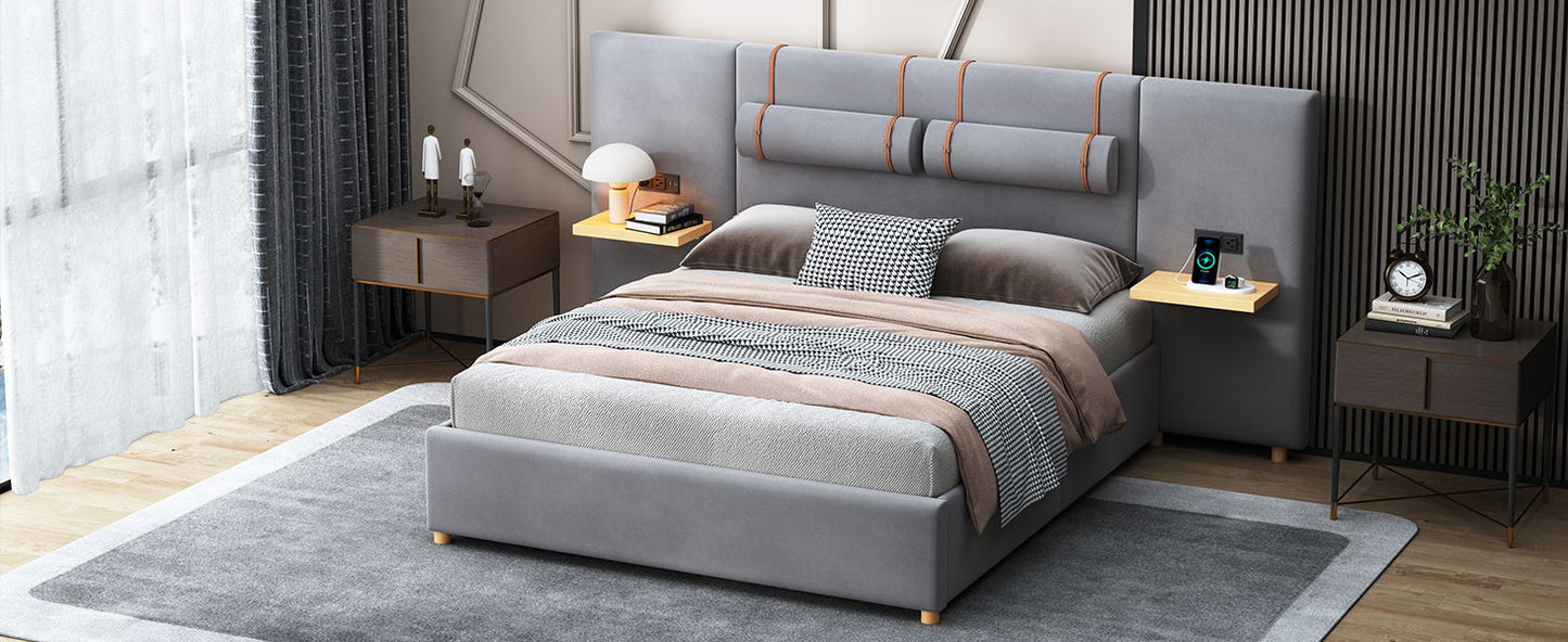 Upholstered Platform Bed, 2 Outlets And USB Charging Ports On Both Sides, 2 Bedside Pillows, Storage Shelves - The Sleep Loft - Online Mattress Showroom NYC